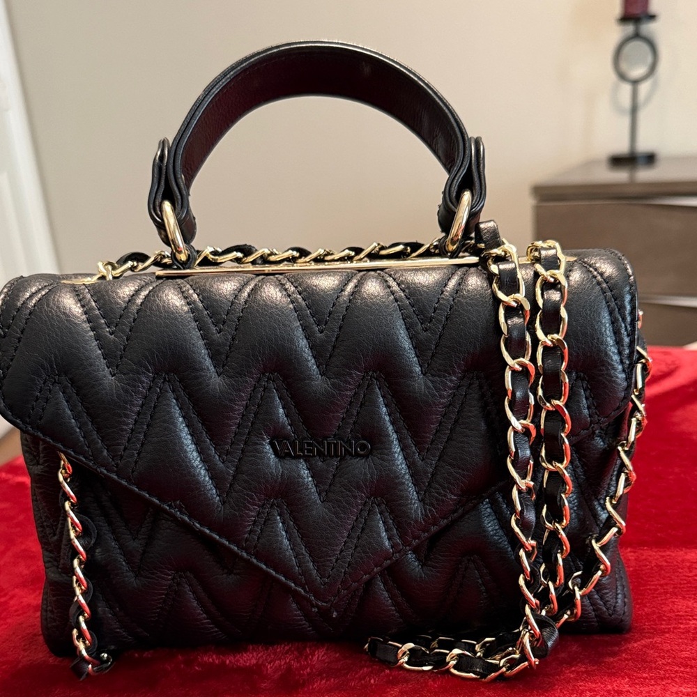 Valentino Black Quilted Crossbody Bag with Gold Chain